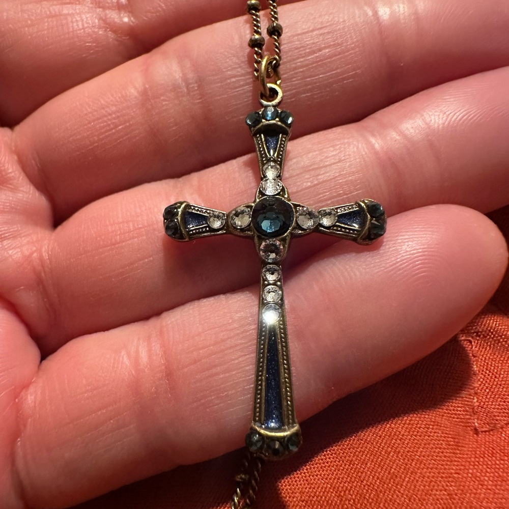 Gold and Blue Ornate Cross Necklace